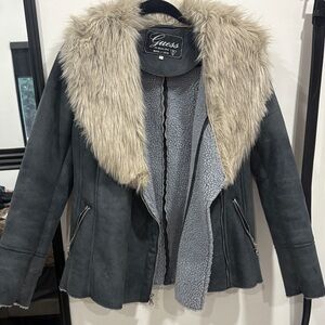 Guess Women's Charcoal Jacket with Faux Fur Collar